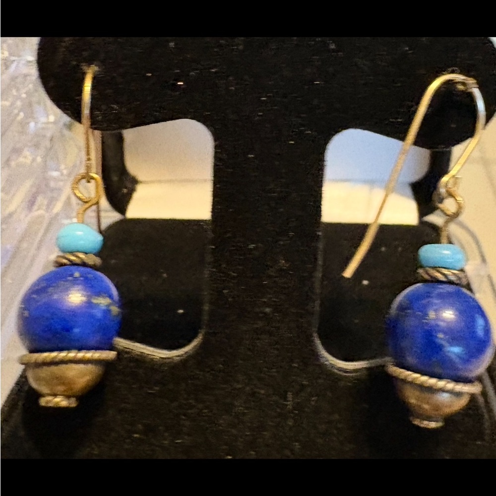 Gold Tone Lapis Bead Drop Earrings - Women Jewelry